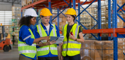 Image - Warehouse worker break and chatting working logistics.